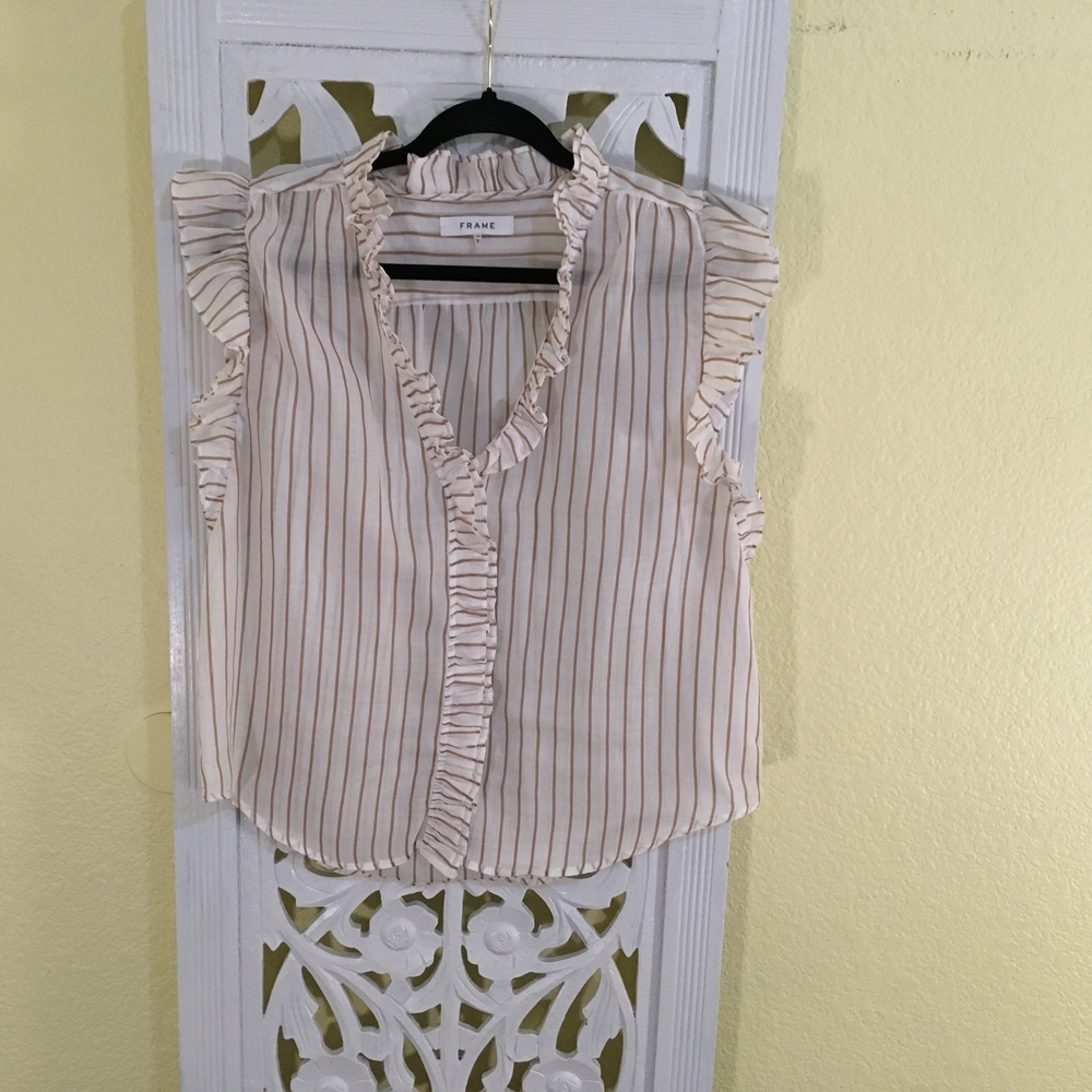 Frame Size L Women's Striped Ruffle Top - Cream